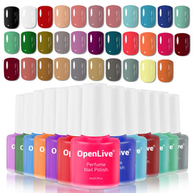 OpenLive front packaging showing 32 colorful bottles and quick-dry promise