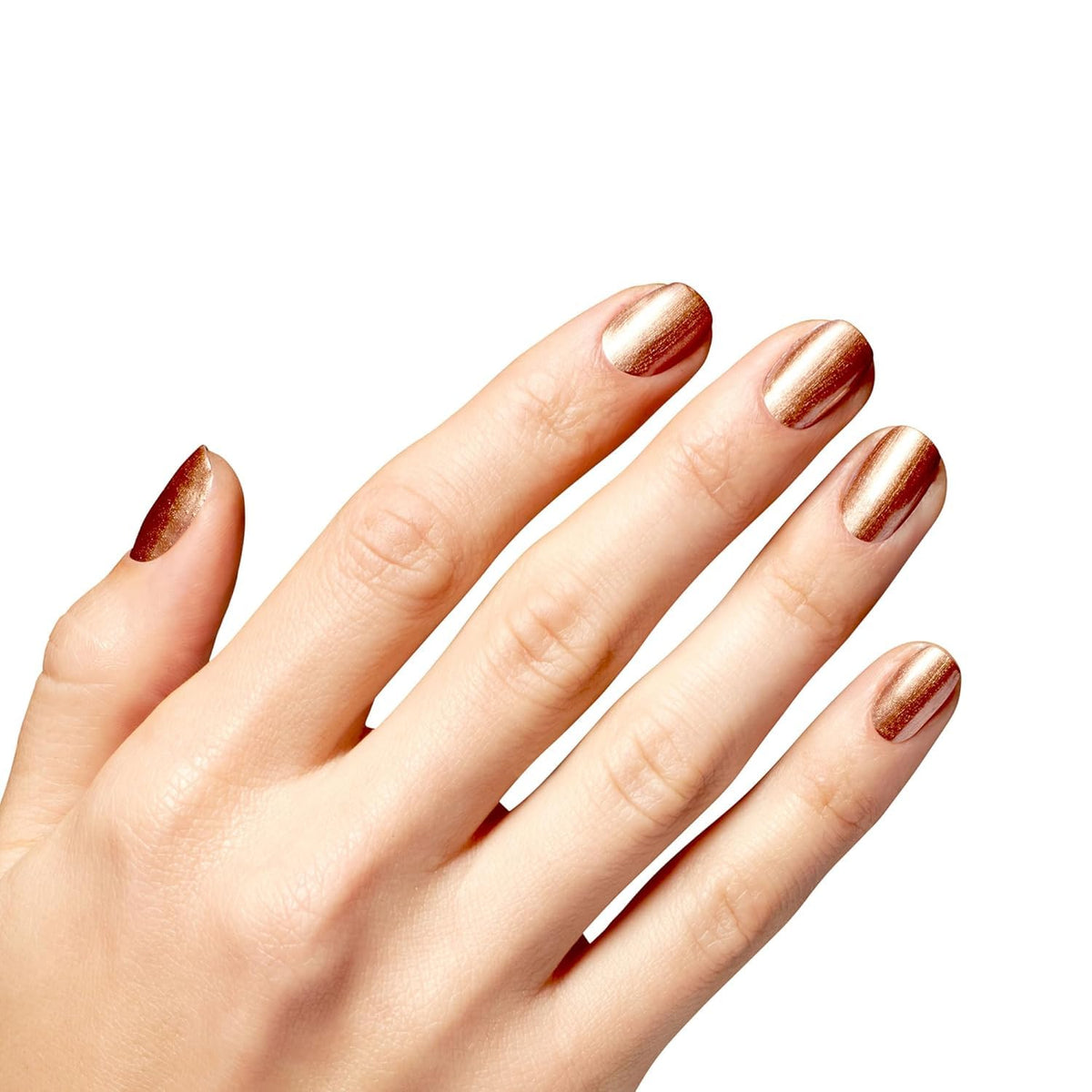 OPI painted hand beside coin for scale showing true size and high gloss
