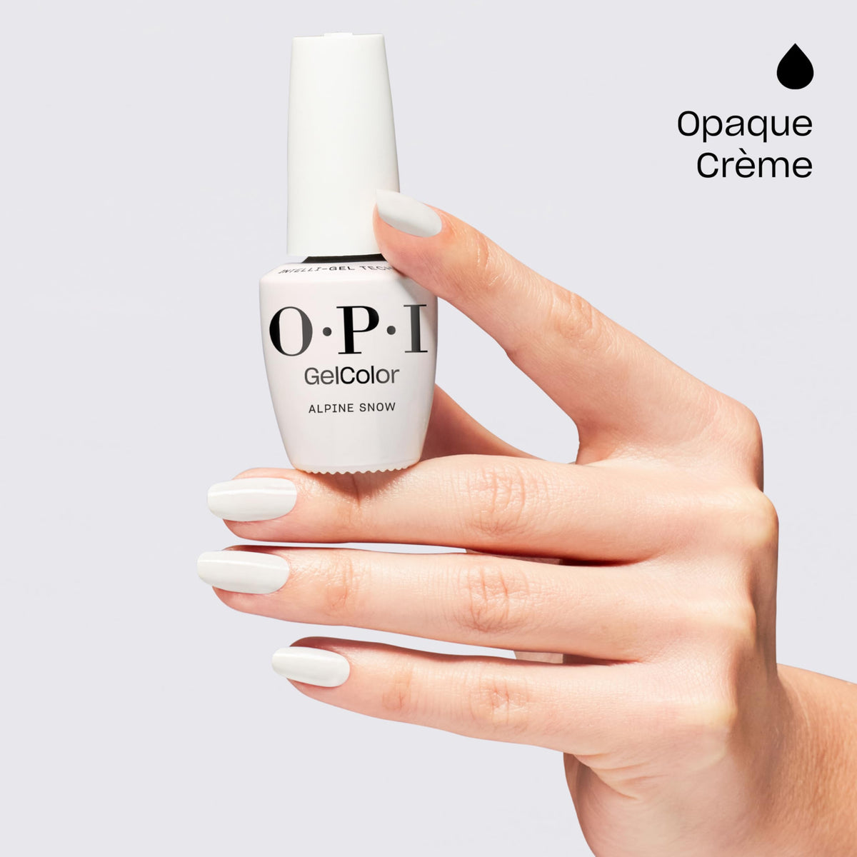 OPI Alpine Snow on manicured hands displaying long-lasting gloss and wear
