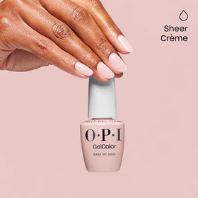 OPI nail swatch on hand displays sheer beige result and flattering look