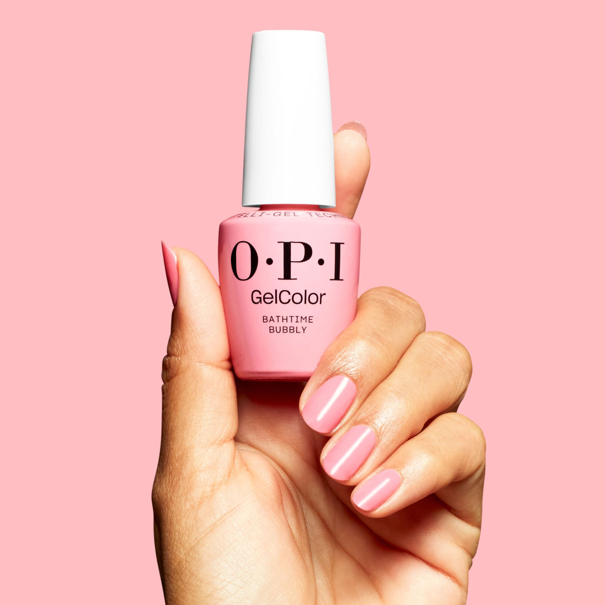 OPI Bathtime Bubbly cured manicure on hand model demonstrating salon shine