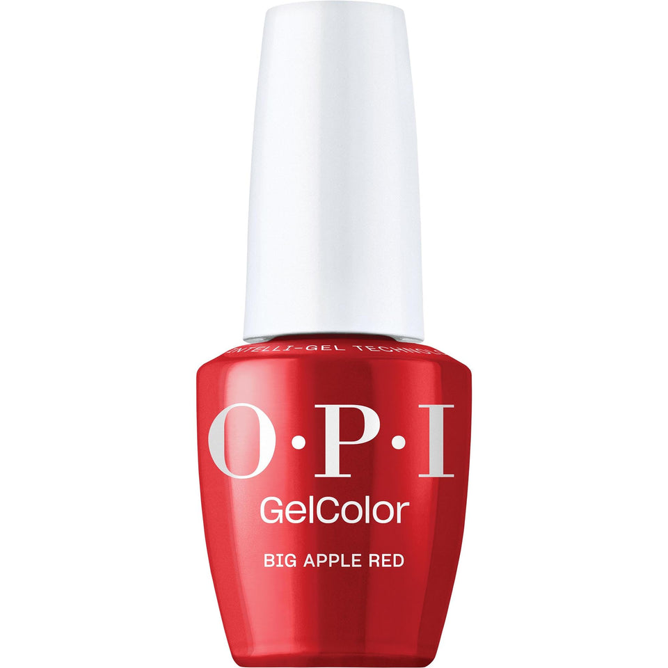 OPI bright Big Apple Red front bottle showing glossy finish benefit