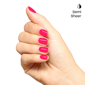 OPI swatched on nails close-up demonstrating semi-sheer coral-pink finish