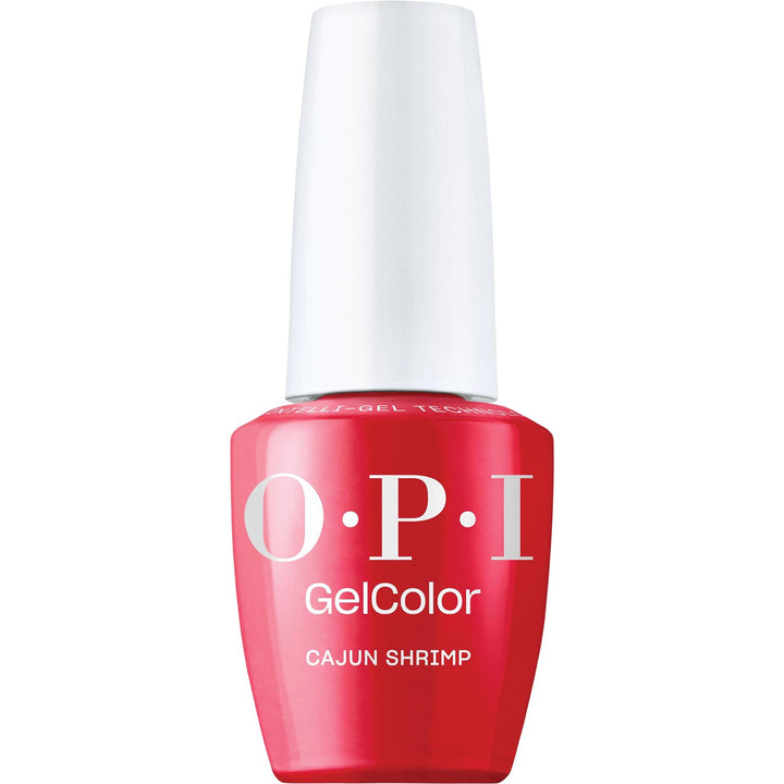OPI bottle front view showing Cajun Shrimp vibrant coral shade and branding benefit