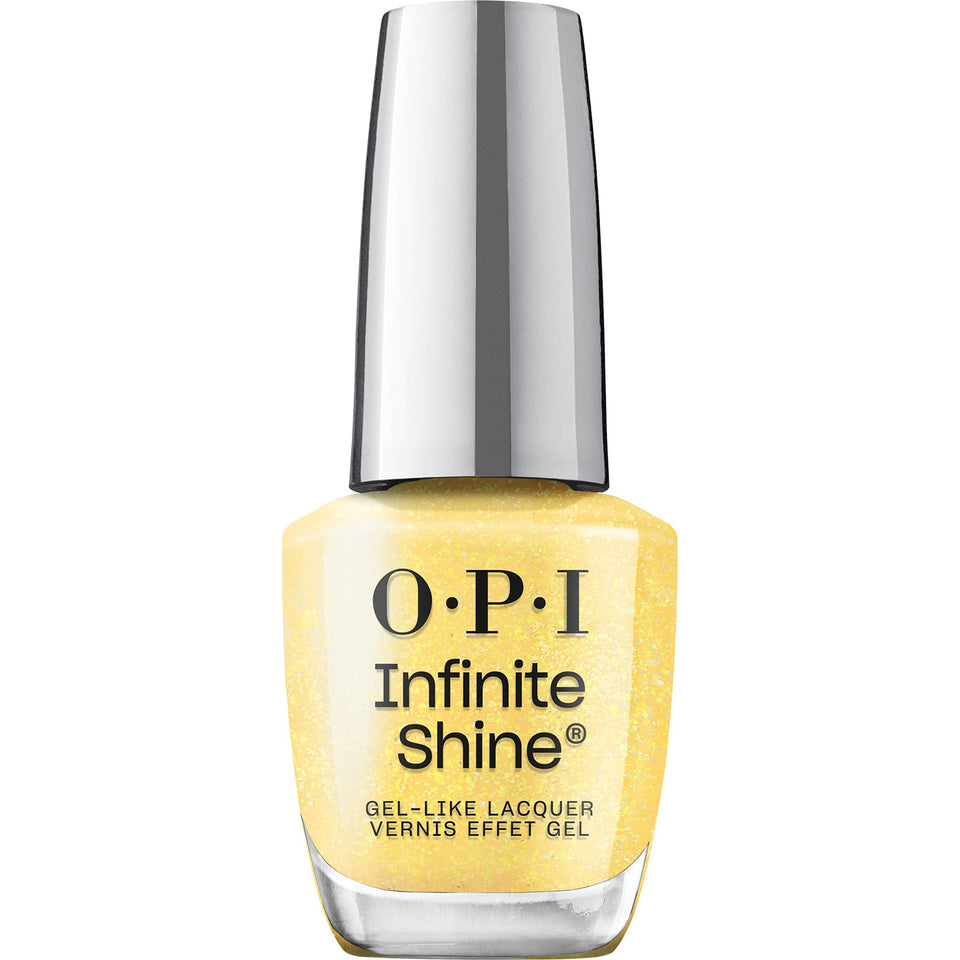 OPI front of bottle showing Slay Hello to Yellow and glossy finish benefit