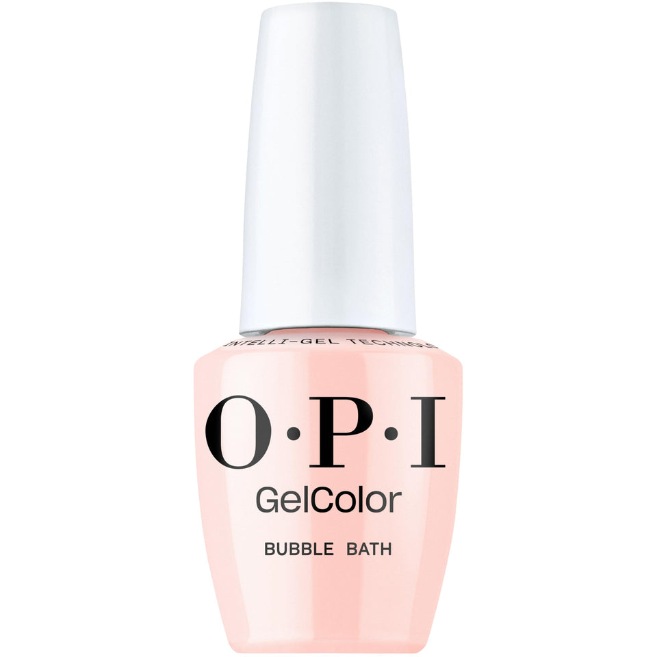 OPI bottle front view showing bubble bath shade and glossy finish benefit