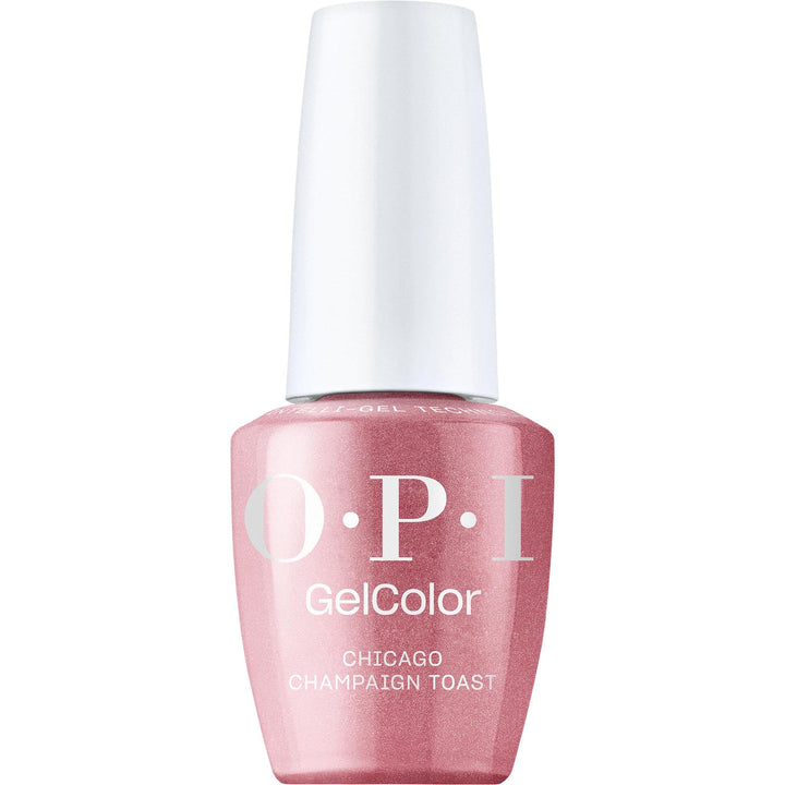 OPI bottle front view showing Chicago Champagne Toast and glossy finish benefit