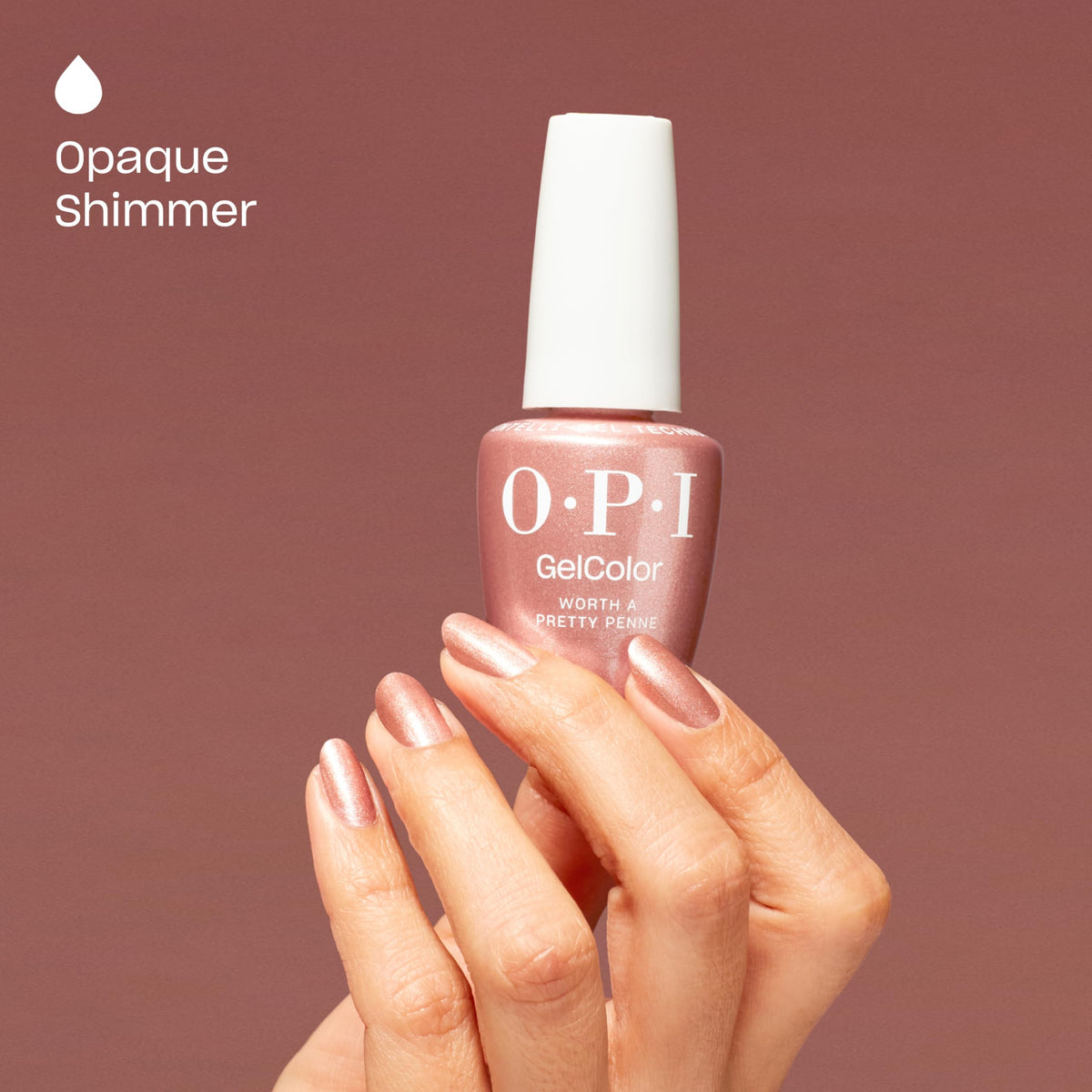 OPI cured nail close-up showing shimmery copper-brown long-lasting shine