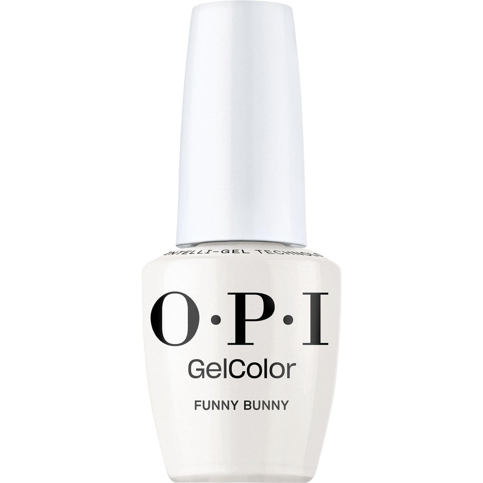 OPI GelColor Funny Bunny front bottle showing label and glossy finish benefit