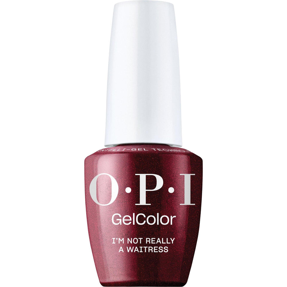 OPI bottle front view showcasing deep red gel and brand recognition