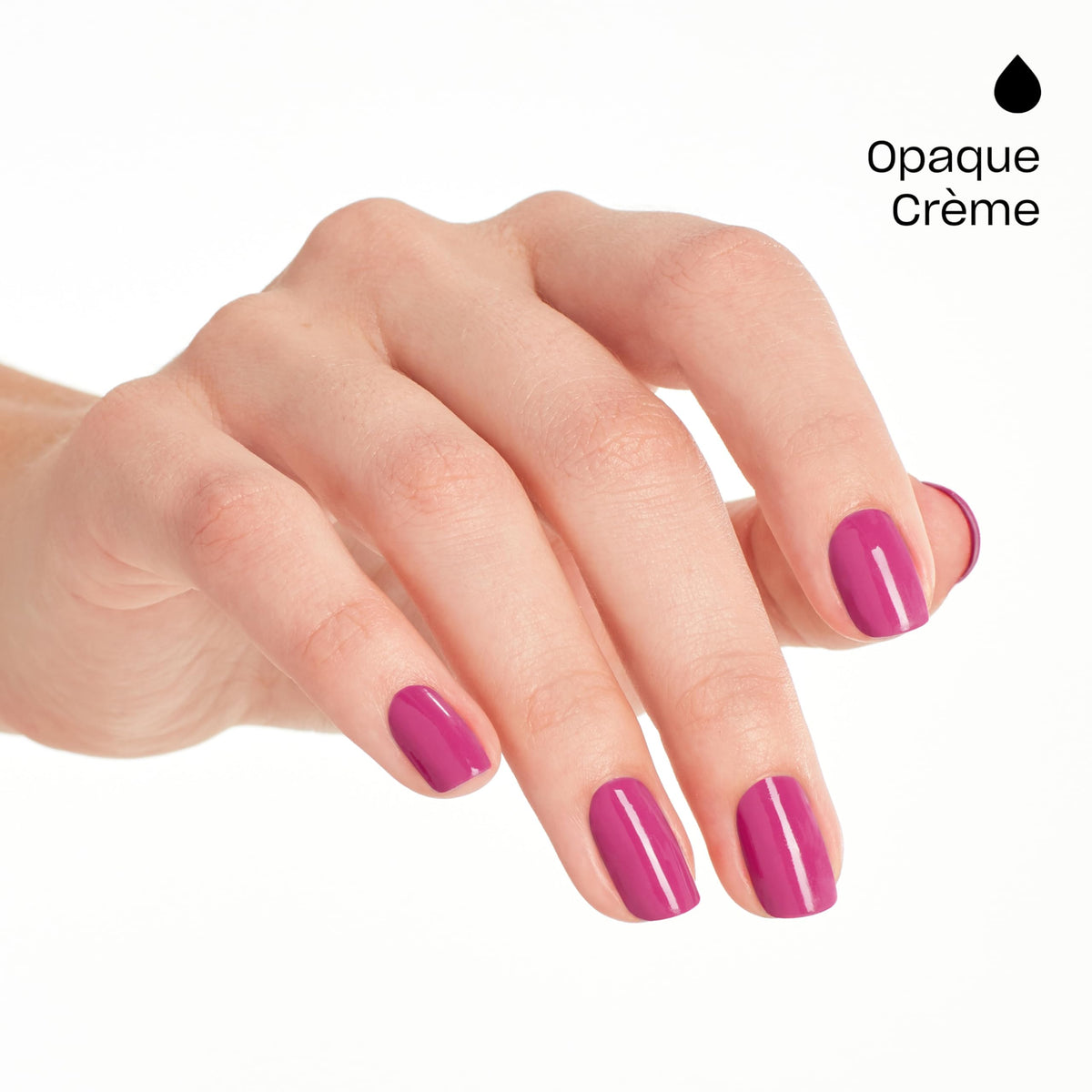 OPI swatch on fingertips illustrating opaque magenta finish and shine