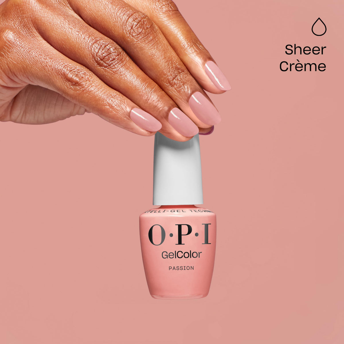 OPI GelColor Passion bottle beside an LED lamp illustrating fast 30-second LED cure.