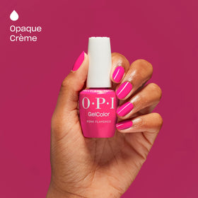 OPI close-up of painted nail showing glossy hot-pink finish and salon-quality shine