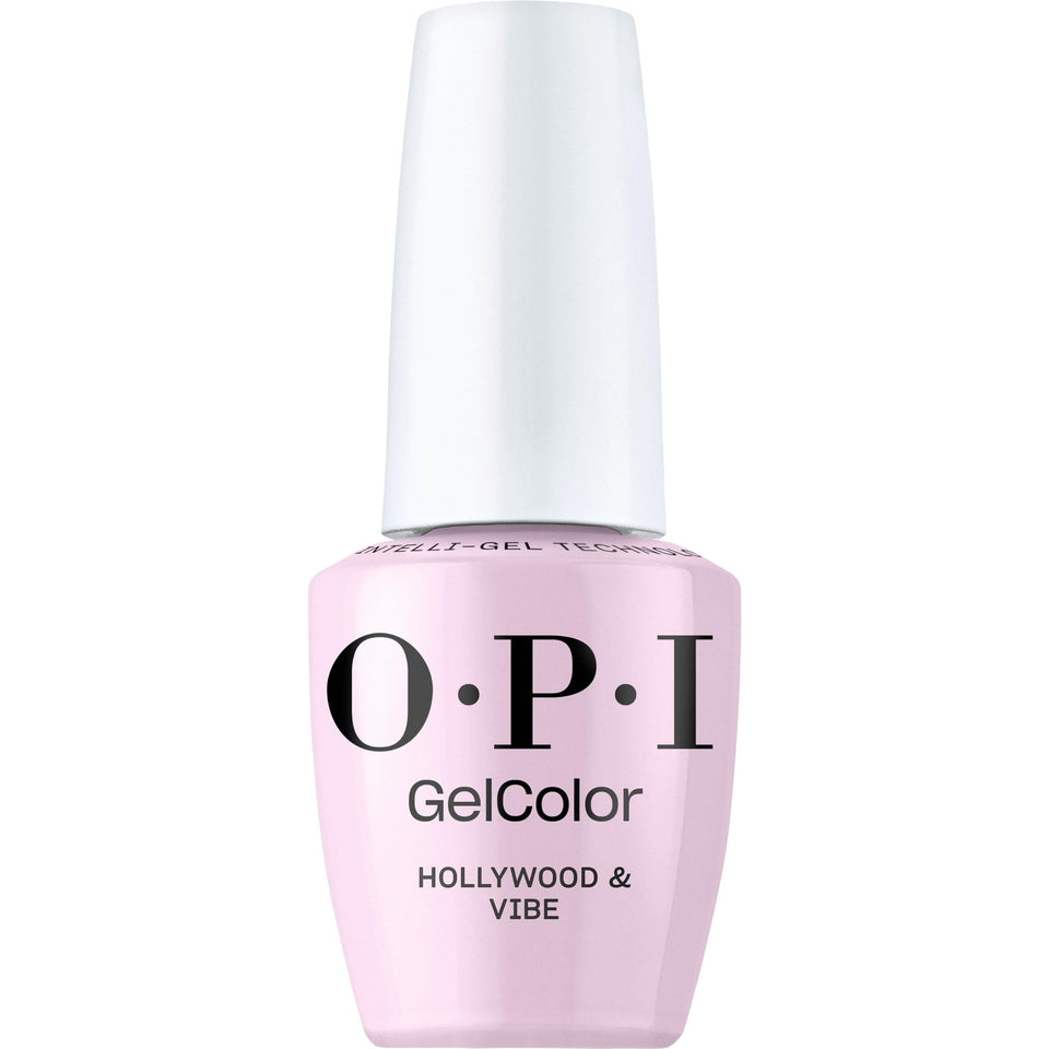 OPI Hollywood & Vibe front bottle showing pink gel shade and label, professional finish benefit