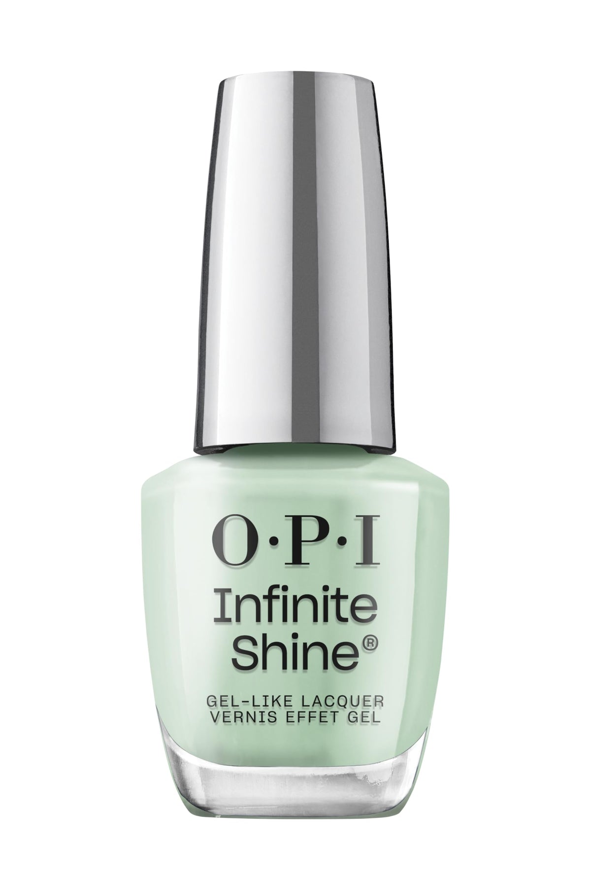 OPI bottle front view showing mint green shade and glossy finish benefit