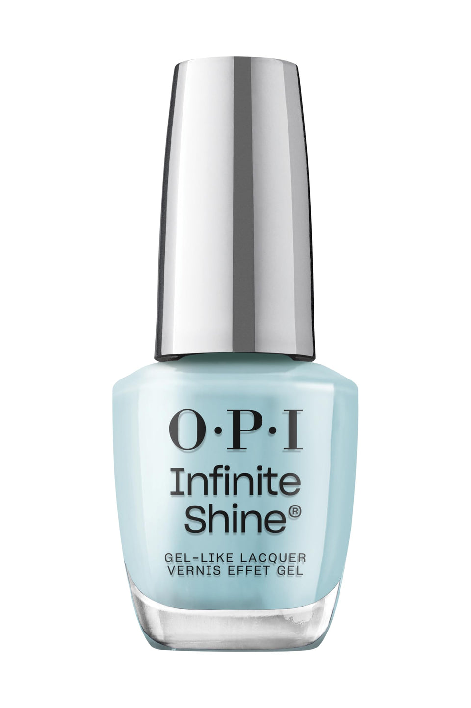 OPI bottle front view showing powder blue shade and glossy finish benefit