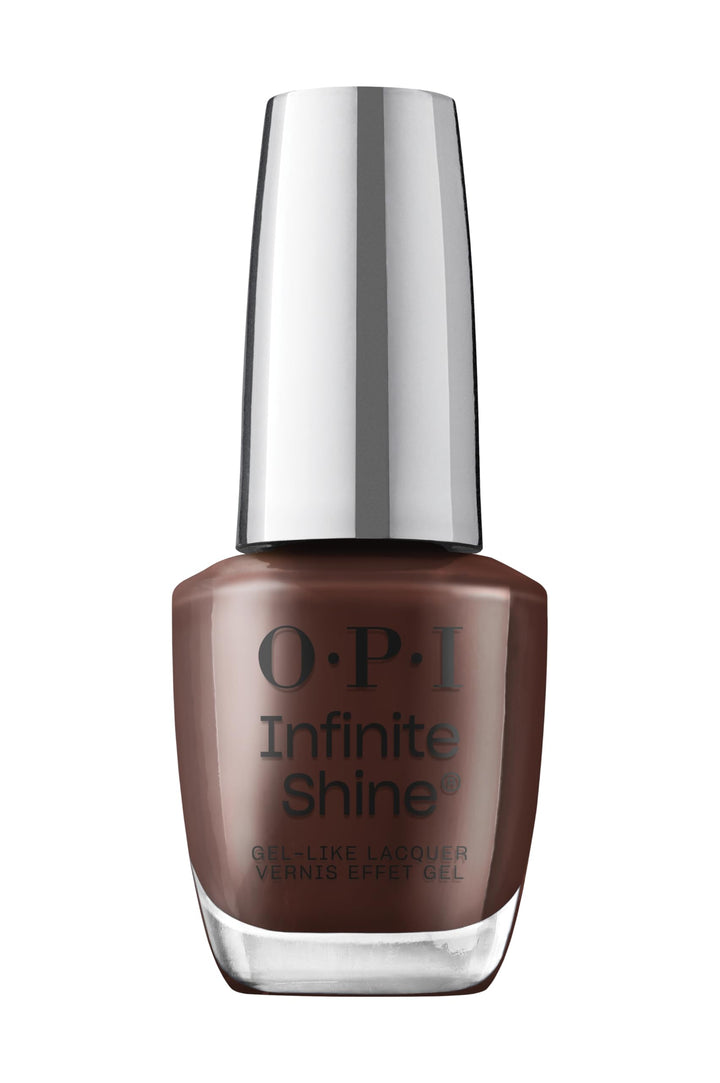 OPI bottle front view showing dark brown shade and brand for confident color