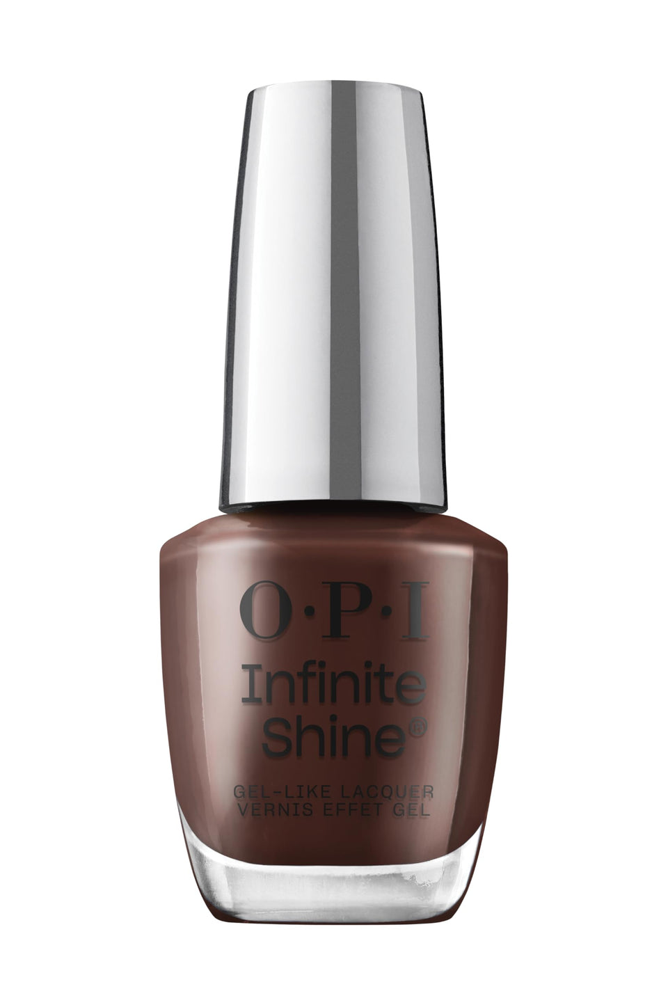 OPI bottle front view showing dark brown shade and brand for confident color