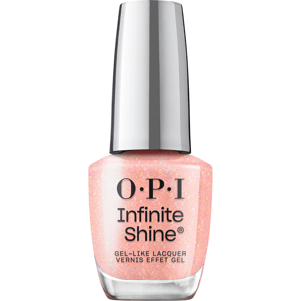OPI bottle front packaging showing sheer coral shimmer and glossy finish benefit
