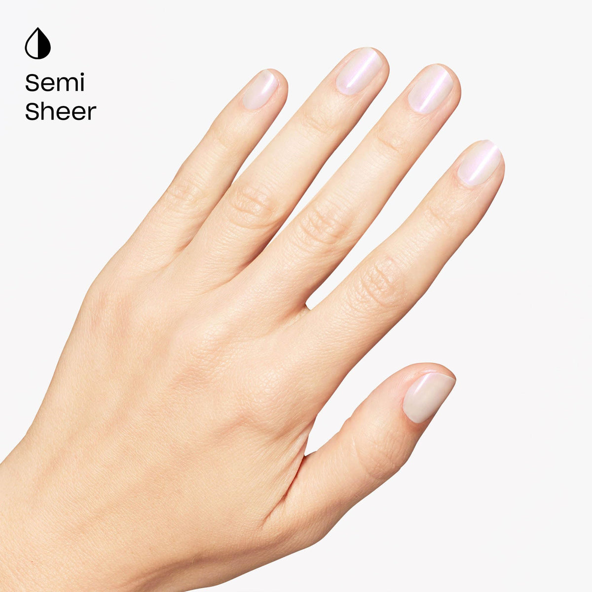 OPI swatch on fingertips showing semi-sheer pearlescent finish and wearable glow
