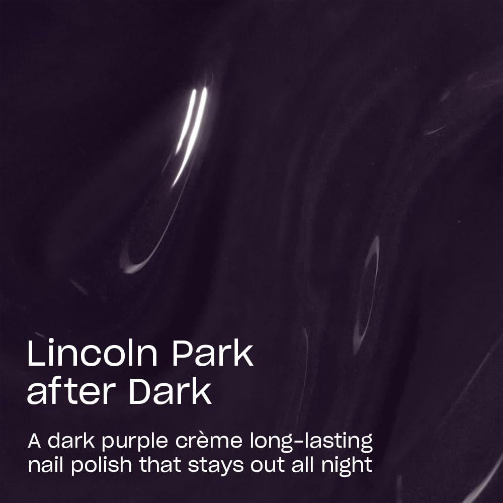 OPI label closeup of Lincoln Park After Dark highlighting formula and durability