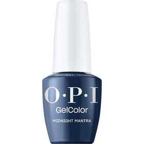 OPI bottle front view showing Midnight Mantra navy polish and elegant label
