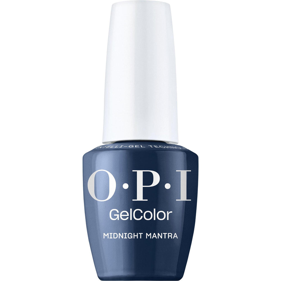 OPI bottle front view showing Midnight Mantra navy polish and elegant label