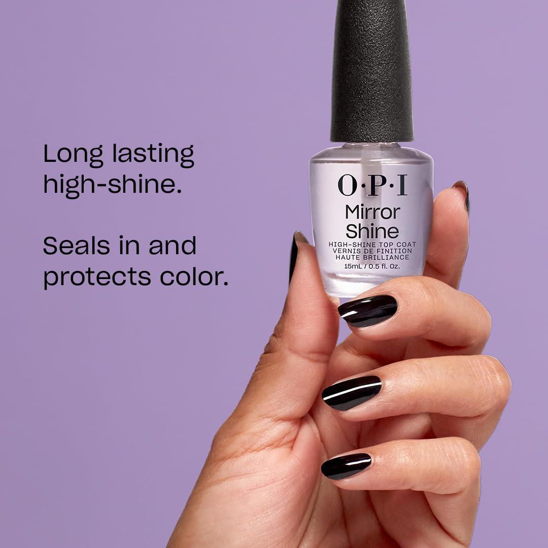 OPI Mirror Shine applied on manicured nails highlighting durable shine benefit