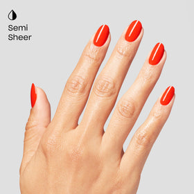 OPI Plaid Flirt on nails single hand demonstrating warm orange-red pop