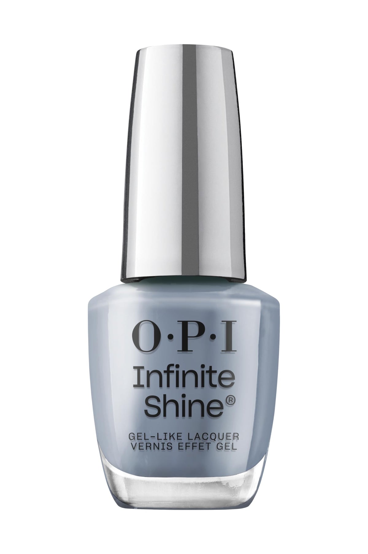 OPI Pure Jean-ius front bottle showing deep blue-gray cream and glossy finish benefit