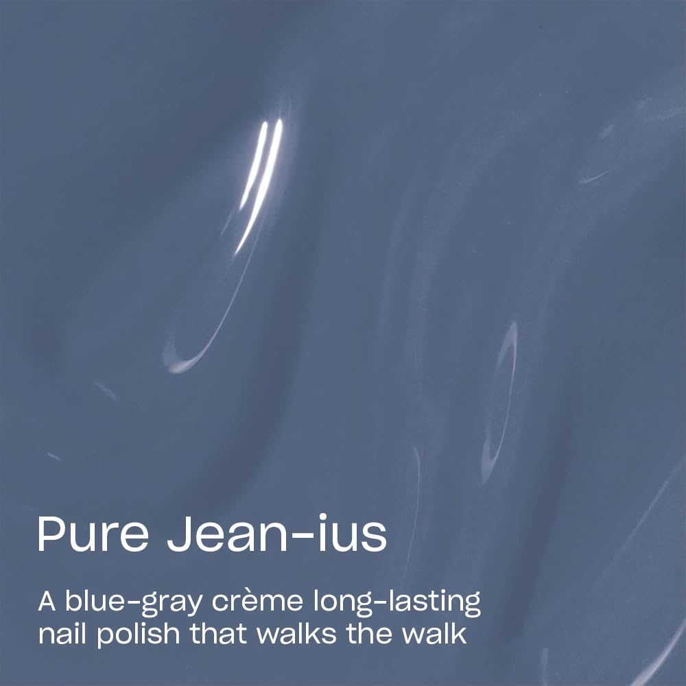 OPI Pure Jean-ius swatch on fingers showing opaque coverage and salon-like shine benefit