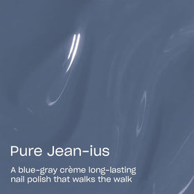 OPI Pure Jean-ius swatch on fingers showing opaque coverage and salon-like shine benefit