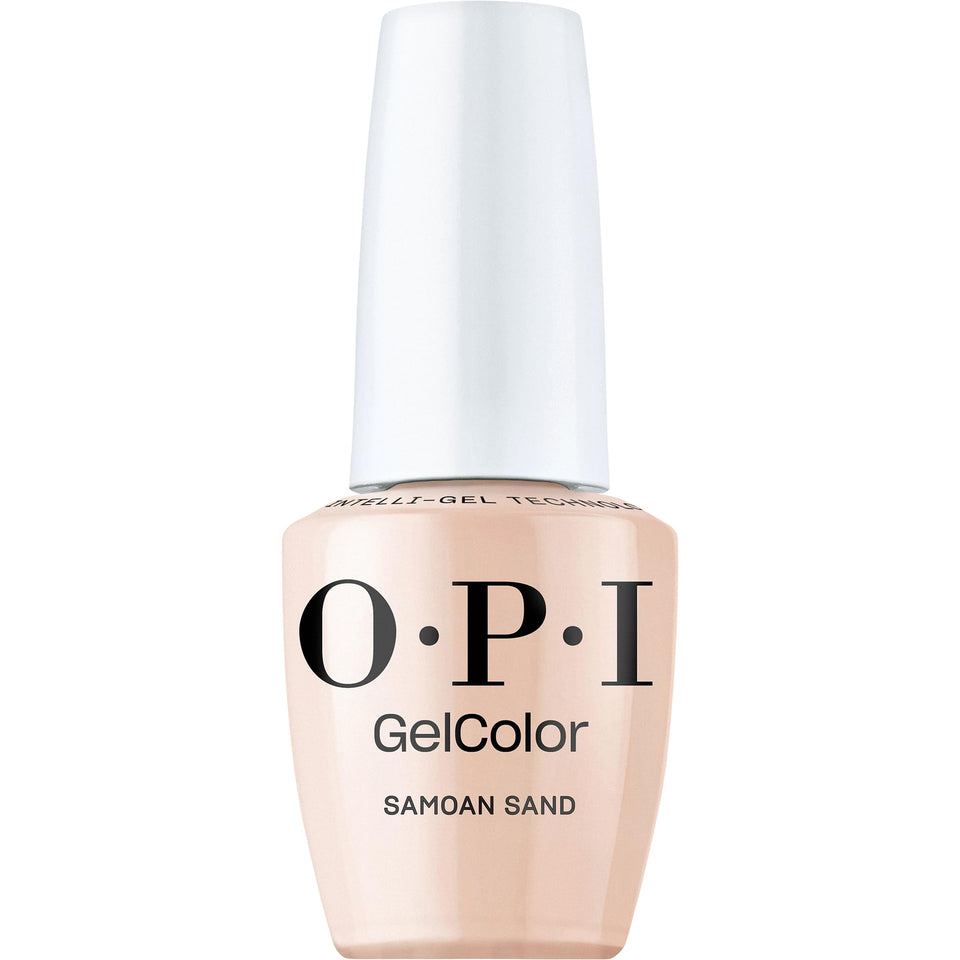 OPI Samoan Sand front bottle showing glossy professional packaging and brand trust