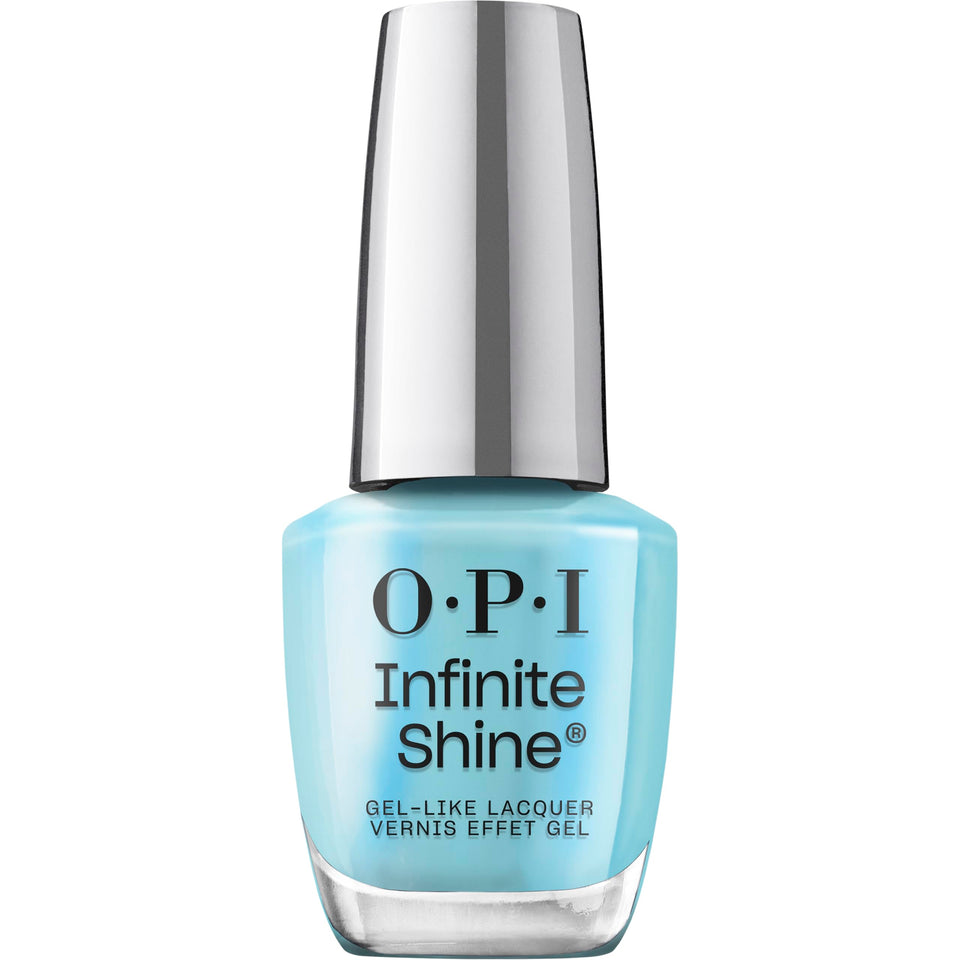 OPI bottle front view showing turquoise shimmer and brand styling for vibrant color