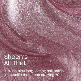 Hand swatch of Sheen’s All That showing opaque metallic blush on nails