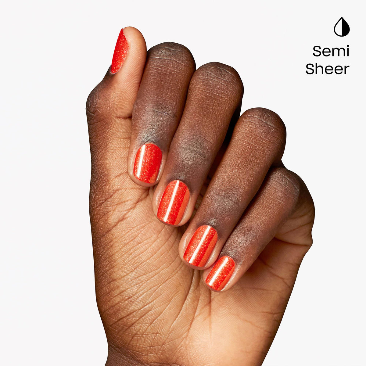 OPI Shock Em Orange on model hand highlights glossy finish and wearable brightness benefit