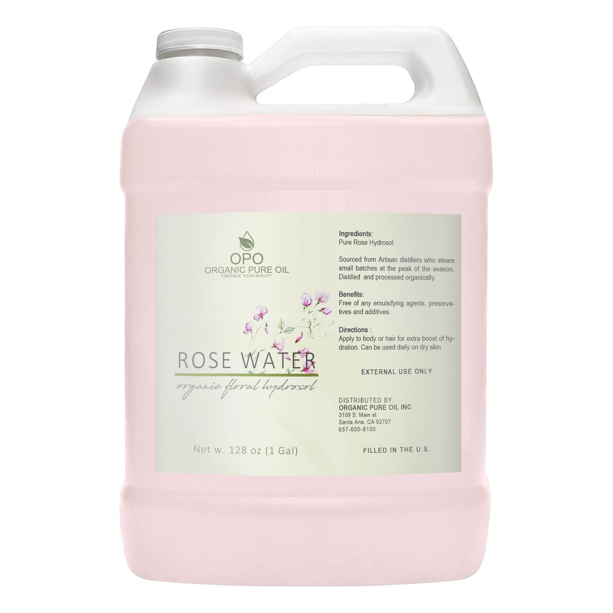 OPO rose hydrosol front bottle showing bulk 128 oz size and pure floral scent