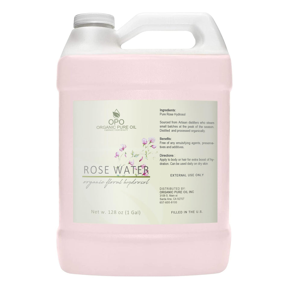 OPO rose hydrosol front bottle showing bulk 128 oz size and pure floral scent