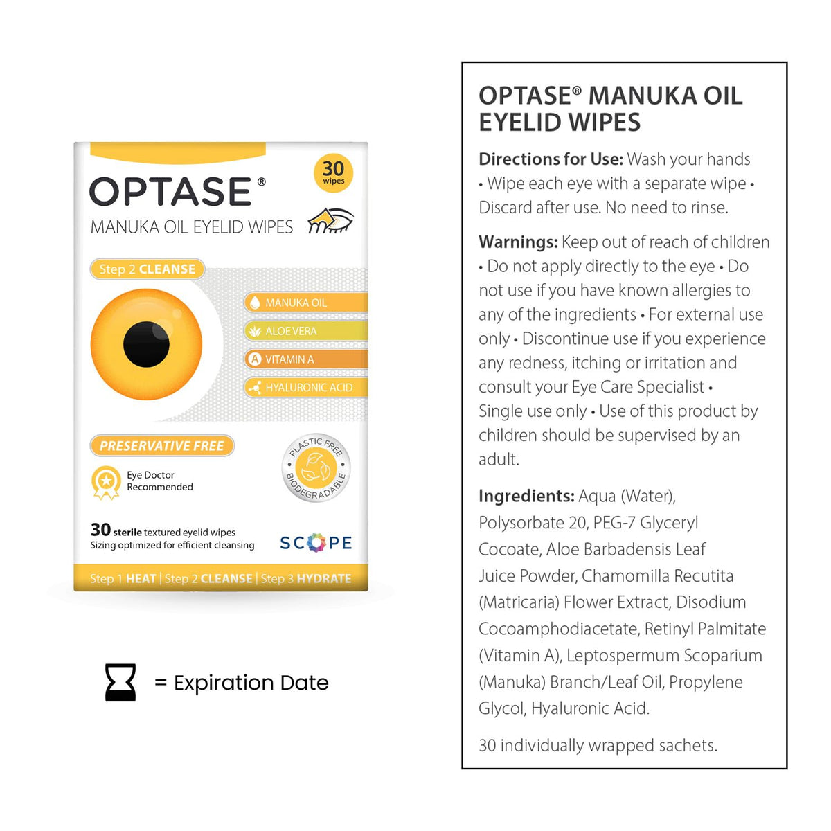 Optase single-use sachet opened to reveal sterile eyelid wipe ready