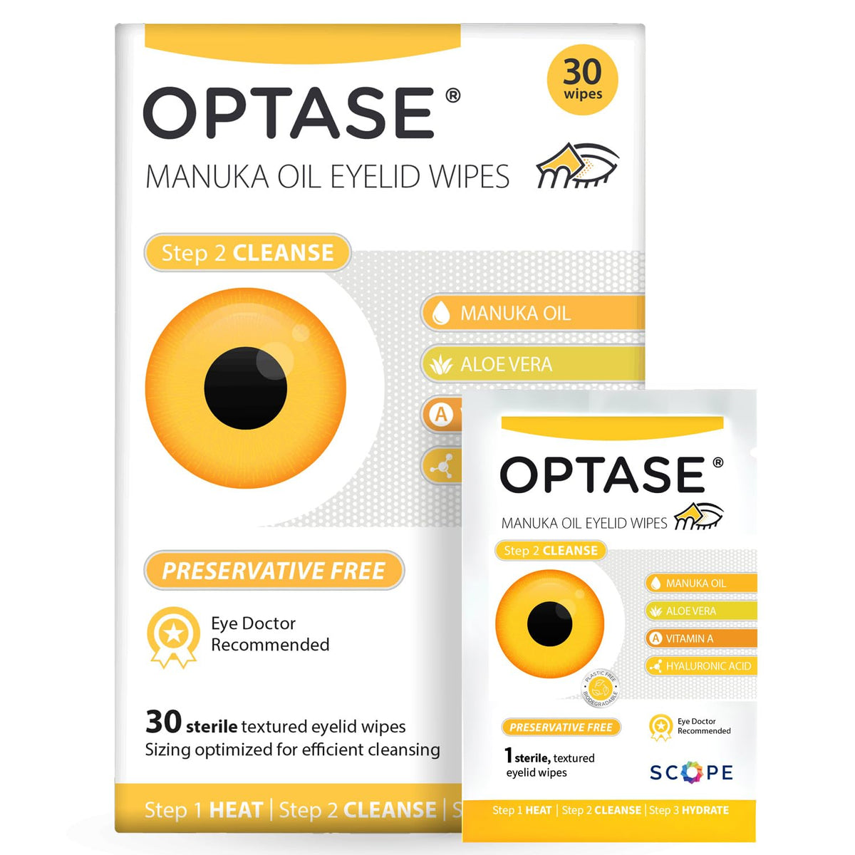 Optase front packaging showing 30-count wipes for gentle eyelid cleaning