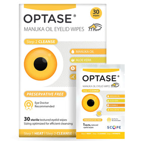 Optase front packaging showing 30-count wipes for gentle eyelid cleaning