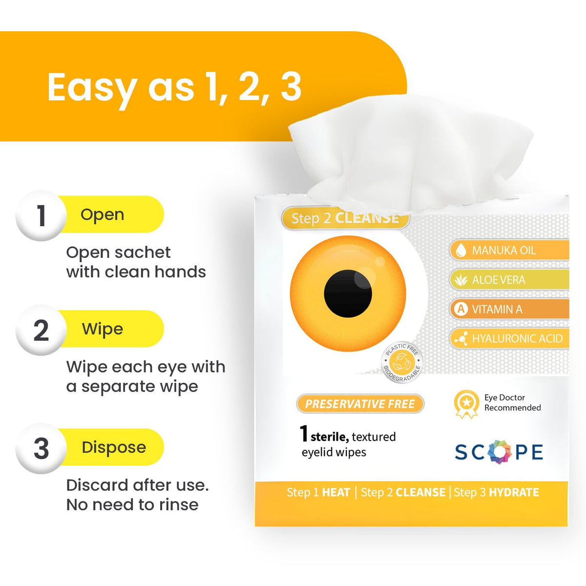 Optase pack opened displaying 30 individually wrapped eyelid wipes
