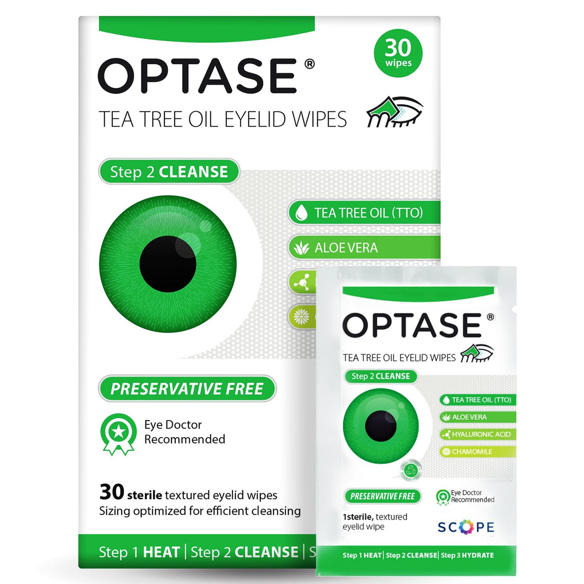 Optase front pack showing 30 individually wrapped tea tree wipes, convenient hygiene