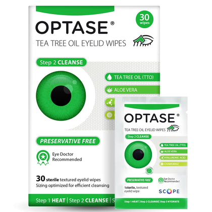 Optase front pack showing 30 individually wrapped tea tree wipes, convenient hygiene