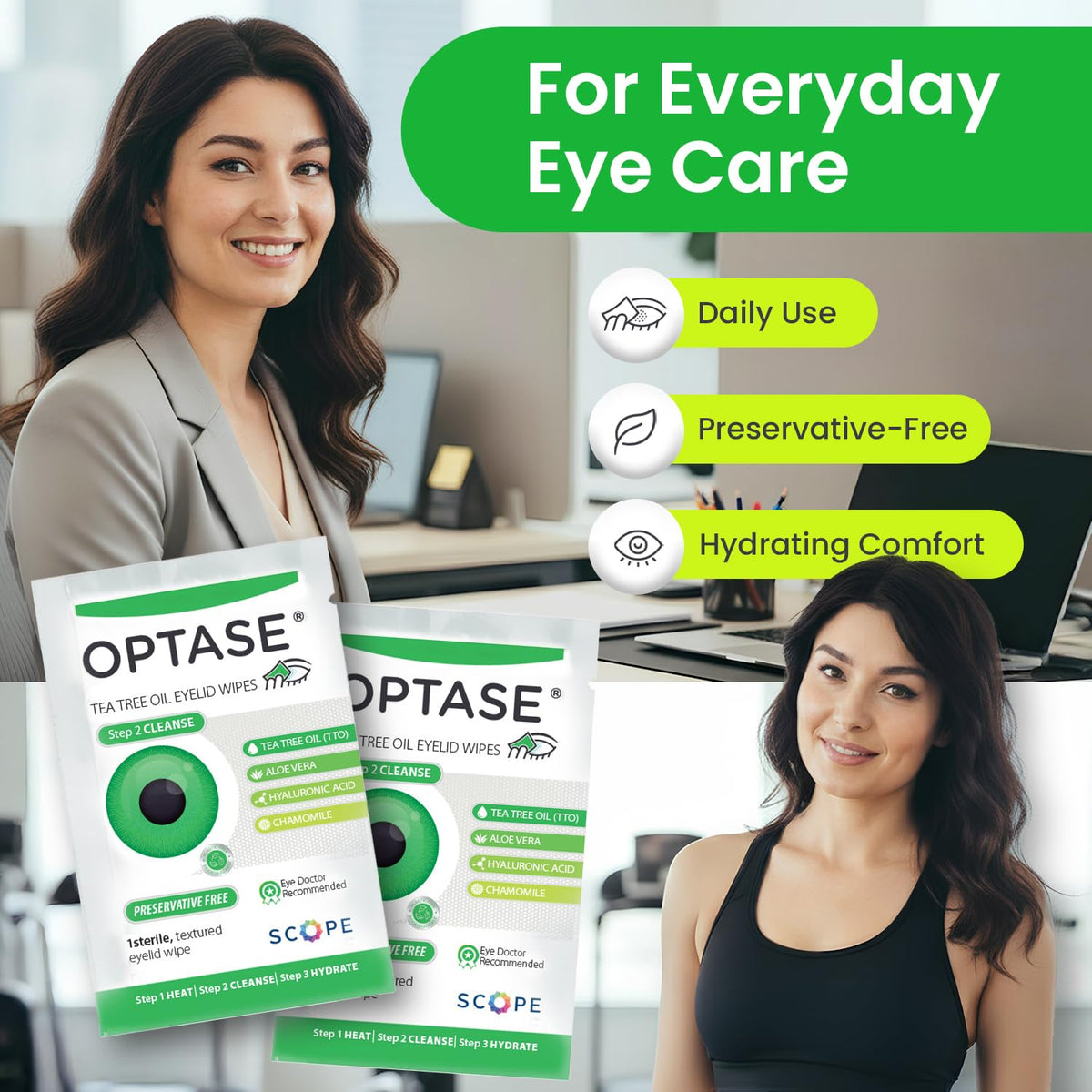 Optase wipe in hand cleaning eyelid, brand demonstrating safe application technique