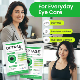 Optase wipe in hand cleaning eyelid, brand demonstrating safe application technique