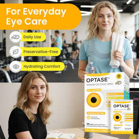 Optase wipe being used on eyelid to remove debris and makeup safely