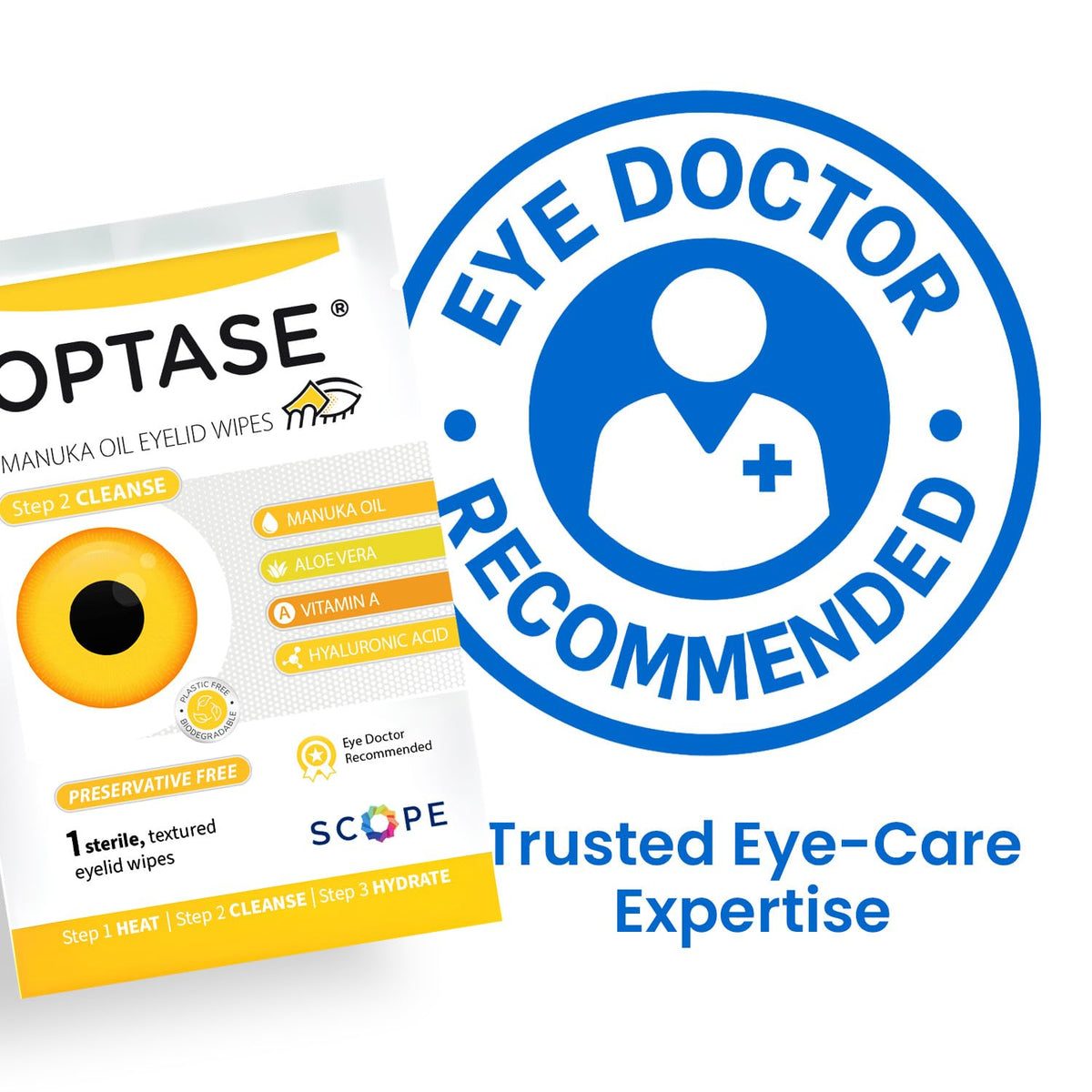 Optase wipes staged on bathroom vanity for daily eye care convenience