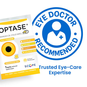 Optase wipes staged on bathroom vanity for daily eye care convenience