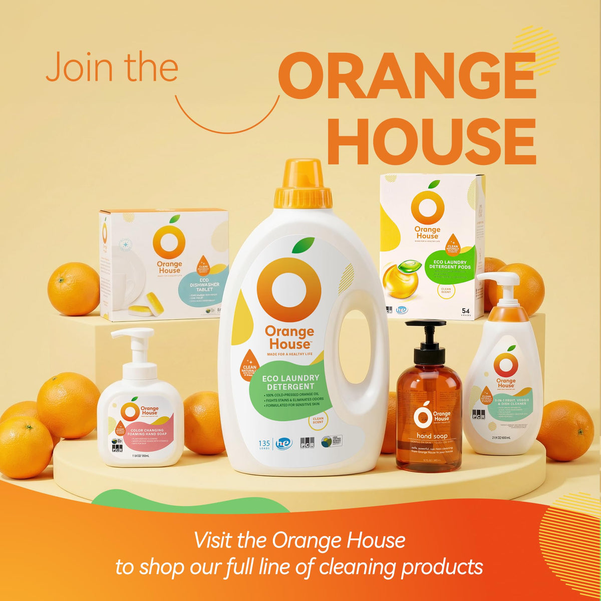 ORANGE HOUSE bottle on bathroom counter creating a fresh citrus atmosphere